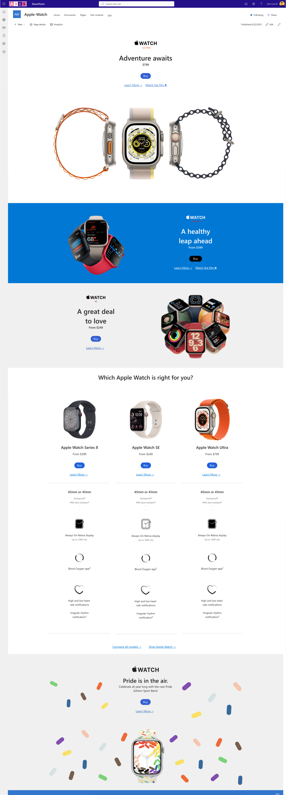 SharePoint vesrsion of the Apple Watch Landing Page